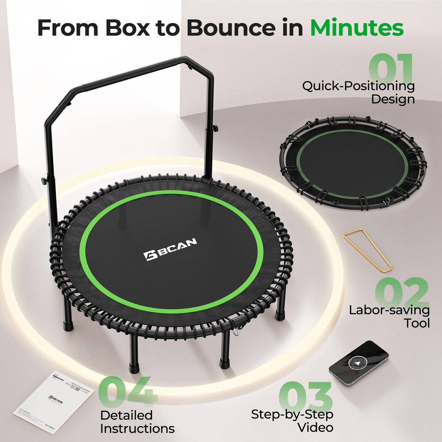 BCAN BT2 450/550LBS Mini Rebounder Trampoline for Adults with Bar, Fitness Trampoline with Bungees, Adjustable Handle, Stable & Quiet, Indoor Outdoor, Whole-Body Workout - 40IN/48IN | FED Fitness