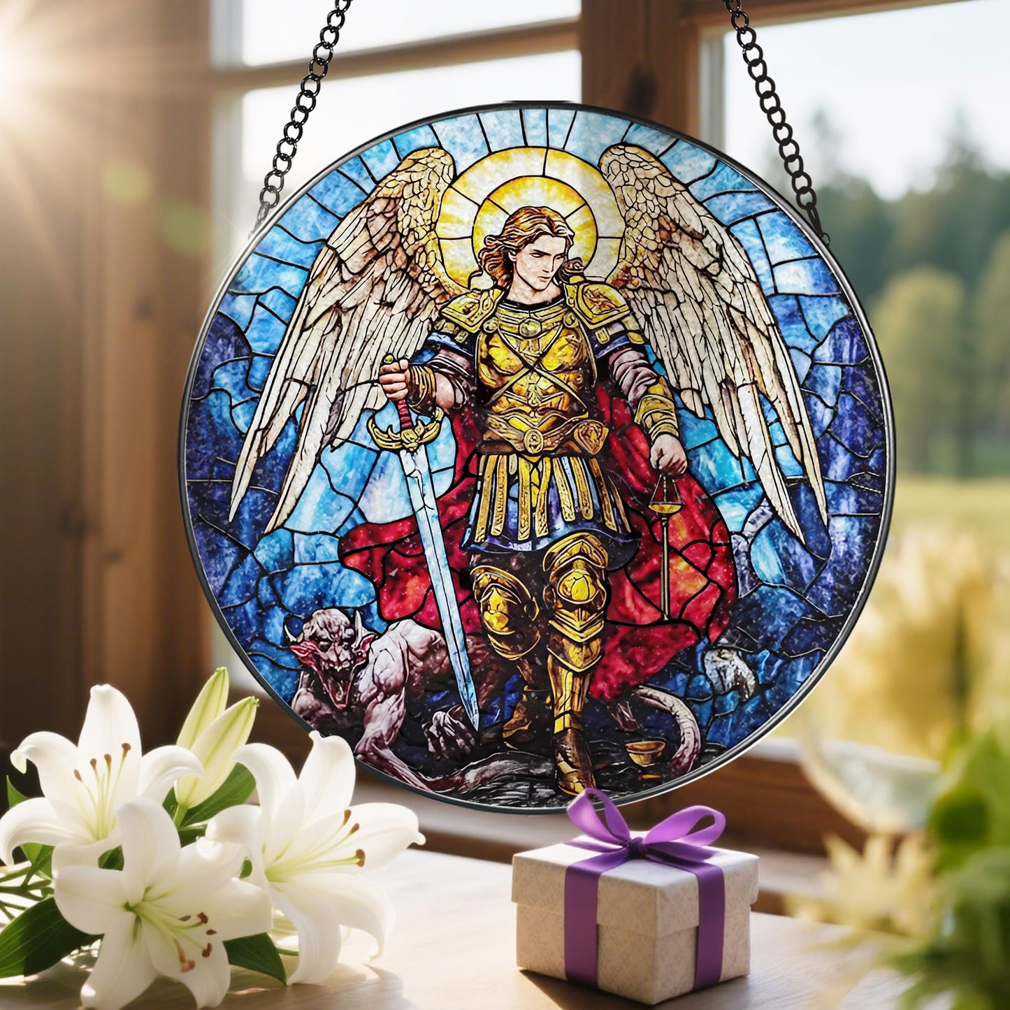 8-Inch Jesus with Cardinals Suncatcher Ornament, Stained Glass Window Hanging & Religious Christmas Ornament, Christian Window Decor — Memorial Gift, Christian Gifts for Her, Religious Gifts
