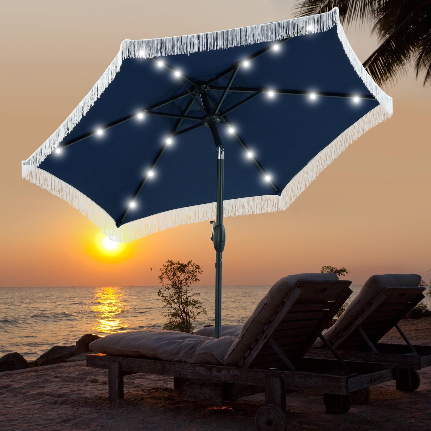 GDY 7.5ft Tassel Patio Umbrella and Matching Base, Outdoor Table Umbrella with 18 LED Lights,Market Umbrella with 6 Sturdy Ribs, with Push Button Tilt and Crank, Bright White