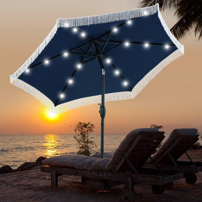 GDY 7.5ft Tassel Patio Umbrella and Matching Base, Outdoor Table Umbrella with 18 LED Lights,Market Umbrella with 6 Sturdy Ribs, with Push Button Tilt and Crank, Bright White