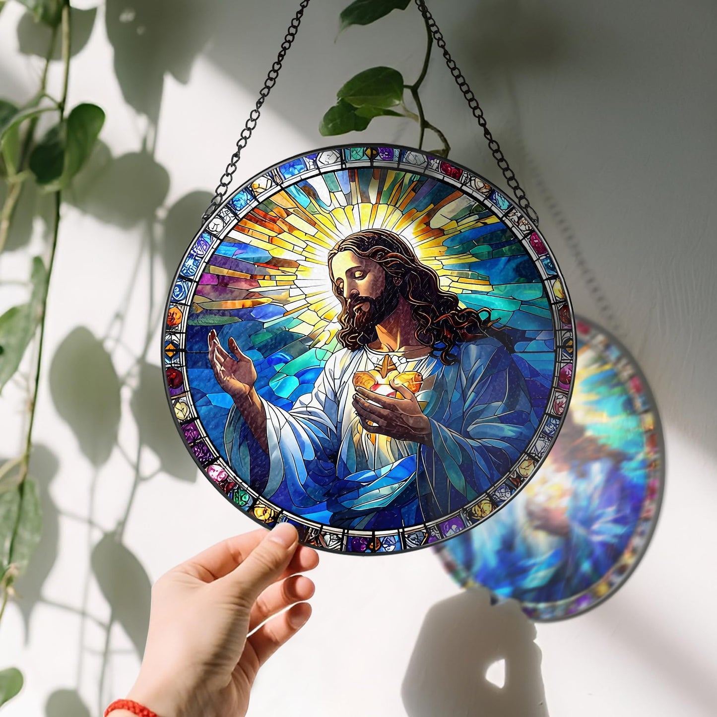 8-Inch Jesus with Cardinals Suncatcher Ornament, Stained Glass Window Hanging & Religious Christmas Ornament, Christian Window Decor — Memorial Gift, Christian Gifts for Her, Religious Gifts