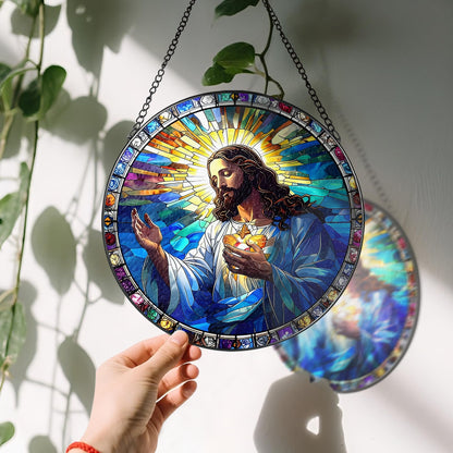 8-Inch Jesus with Cardinals Suncatcher Ornament, Stained Glass Window Hanging & Religious Christmas Ornament, Christian Window Decor — Memorial Gift, Christian Gifts for Her, Religious Gifts