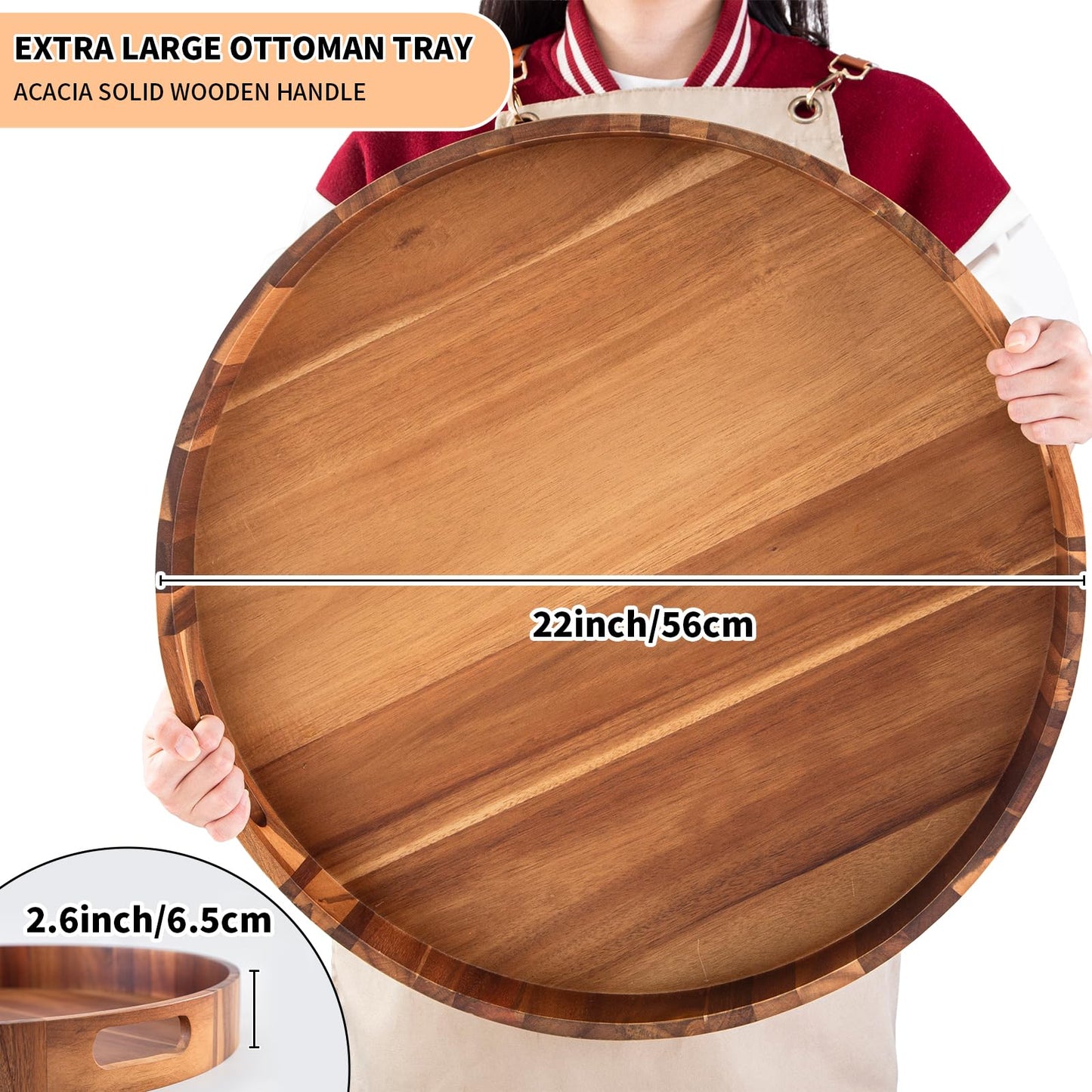Extra Large 20INCH Premium Acacia Wood Tray Round Ottoman Tray with Handles Wooden Serving Tray Multi-Use for Dinner Breakfast in Bed Coffee Table Snack Entertaining Guests