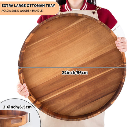 Extra Large 20INCH Premium Acacia Wood Tray Round Ottoman Tray with Handles Wooden Serving Tray Multi-Use for Dinner Breakfast in Bed Coffee Table Snack Entertaining Guests