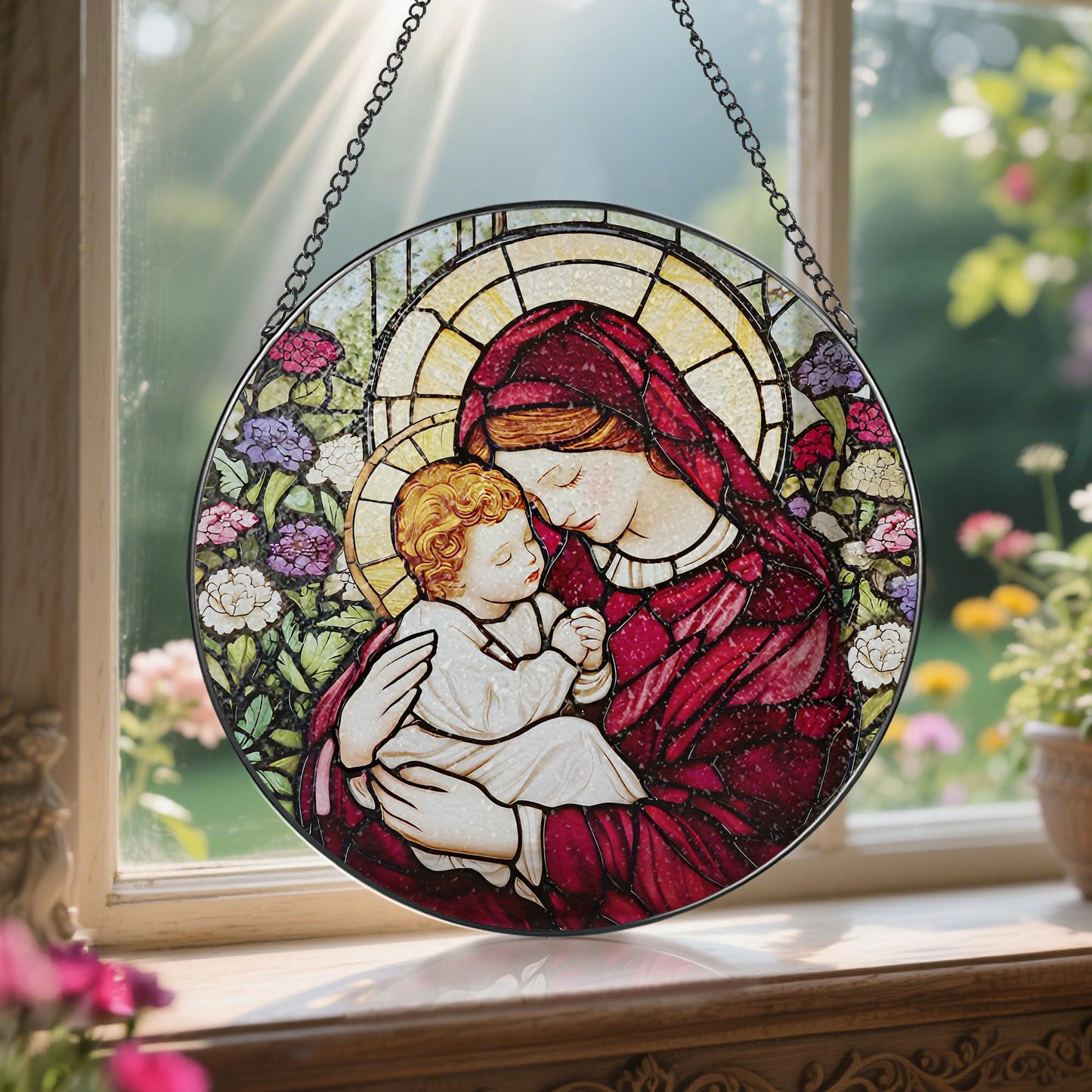 8-Inch Jesus with Cardinals Suncatcher Ornament, Stained Glass Window Hanging & Religious Christmas Ornament, Christian Window Decor — Memorial Gift, Christian Gifts for Her, Religious Gifts