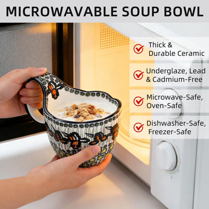 ALMA Handpainted Microwavable Soup Bowl with Loop Handle 18.6oz, Cereal Bowl With Handle Great for Berry, Fruits, Chili, Stew, Ice cream,Floral Soup Mug for Women