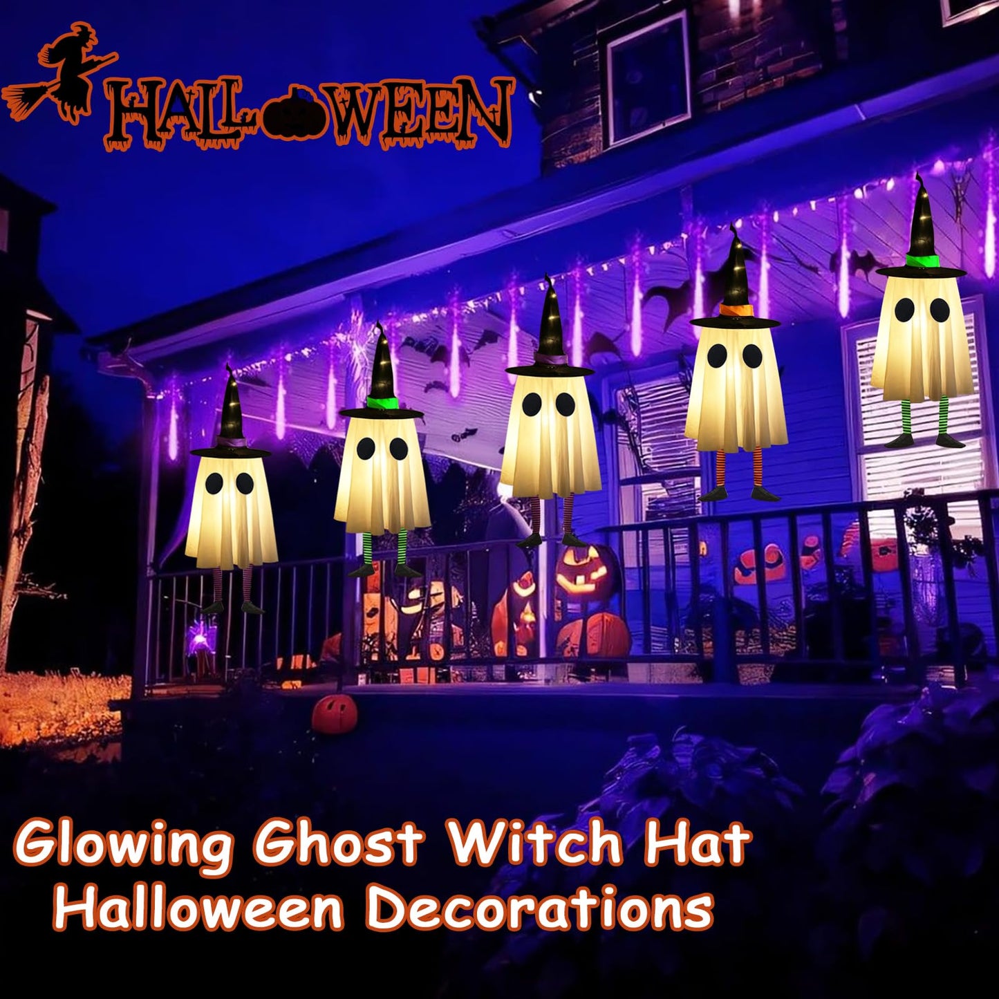 Set of 4 Halloween Hanging Ghosts, Halloween Decorations Outdoor Hanging Ghosts with Witch Hat,Glowing Ghost Witch Hat Lights, Light up Ghost Decor for Yard Patio Garden Tree Outside(4 Ghost Lighted)