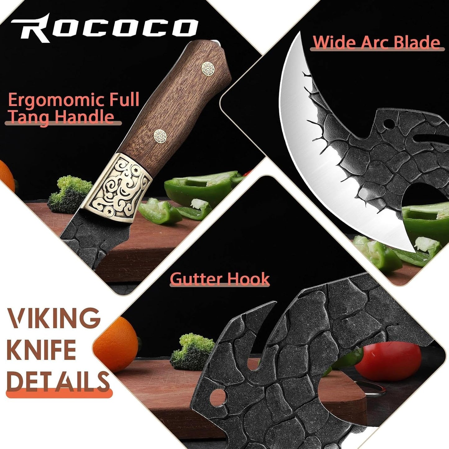 ROCOCO Viking Cleaver Knife Birthday - Kitchen Axe & Sheath Father Gift Men | Hand Forged High Carbon Steel Butcher Meat Cutting Boning Knife for Home Outdoor BBQ Camping Chirstmas Mother