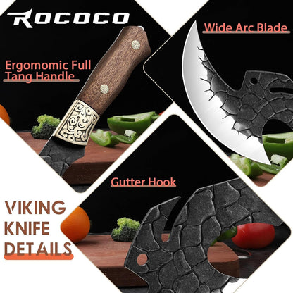 ROCOCO Viking Cleaver Knife Birthday - Kitchen Axe & Sheath Father Gift Men | Hand Forged High Carbon Steel Butcher Meat Cutting Boning Knife for Home Outdoor BBQ Camping Chirstmas Mother