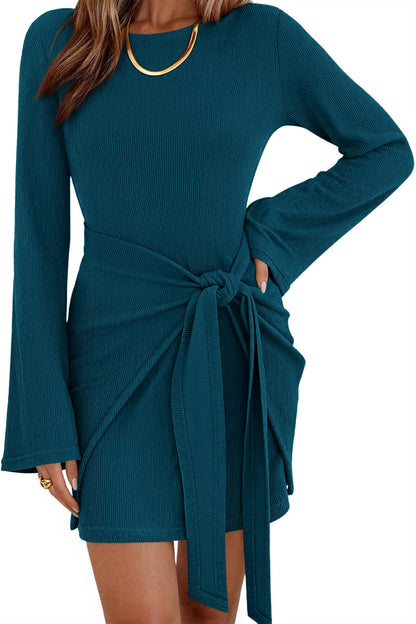 dowerme Women Bell Long Sleeve Tie Waist Bodycon Mini Dress