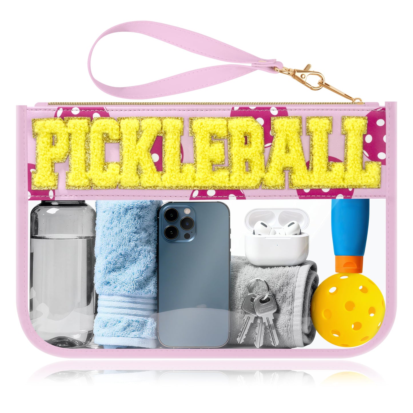 BuyCard Soccer Gift Makeup Bag with Chenille Letter Patch, Clear Cosmetic Pouch PVC Organizer Purse, Waterproof Travel Bag, Portable Toiletry Storage Bag for Her Friends