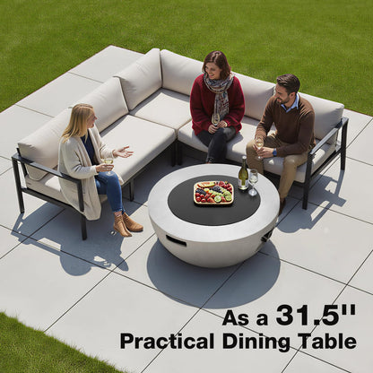 31.5 Inch Round Propane Fire Pit Table - Concrete Round Fire Bowl 50,000 BTU Natural Gas Firepit Burner with Steel Lid, Lava Rocks, Waterproof Cover for Outside Patio, Backyard, Party