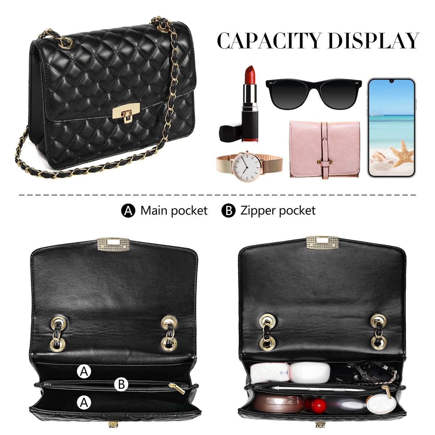 Quilted Leather Crossbody Bags for Women Trendy Ladies Shoulder Purse Satchel HandBag with Chain Strap