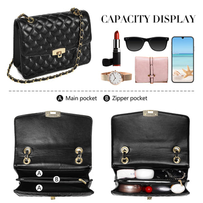 Quilted Leather Crossbody Bags for Women Trendy Ladies Shoulder Purse Satchel HandBag with Chain Strap