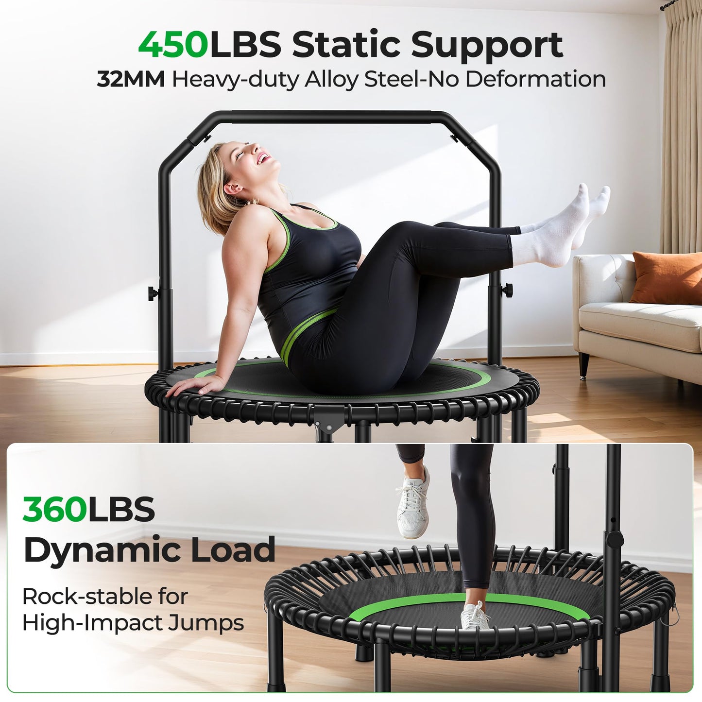BCAN BT2 450/550LBS Mini Rebounder Trampoline for Adults with Bar, Fitness Trampoline with Bungees, Adjustable Handle, Stable & Quiet, Indoor Outdoor, Whole-Body Workout - 40IN/48IN | FED Fitness