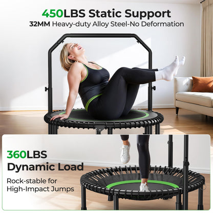 BCAN BT2 450/550LBS Mini Rebounder Trampoline for Adults with Bar, Fitness Trampoline with Bungees, Adjustable Handle, Stable & Quiet, Indoor Outdoor, Whole-Body Workout - 40IN/48IN | FED Fitness