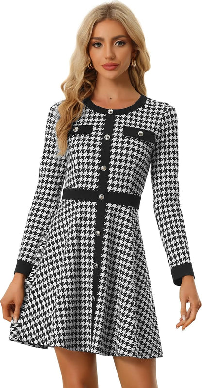 Allegra K Women's Houndstooth Plaid A-Line Elegant Business Work Dress