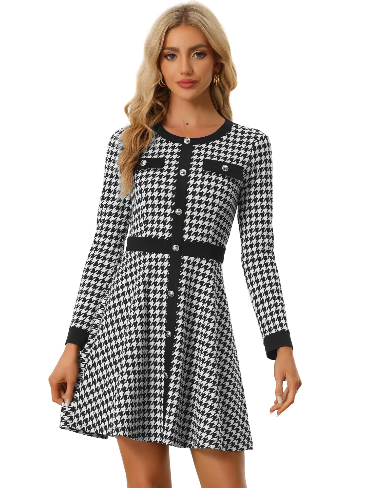 Allegra K Women's Houndstooth Plaid A-Line Elegant Business Work Dress