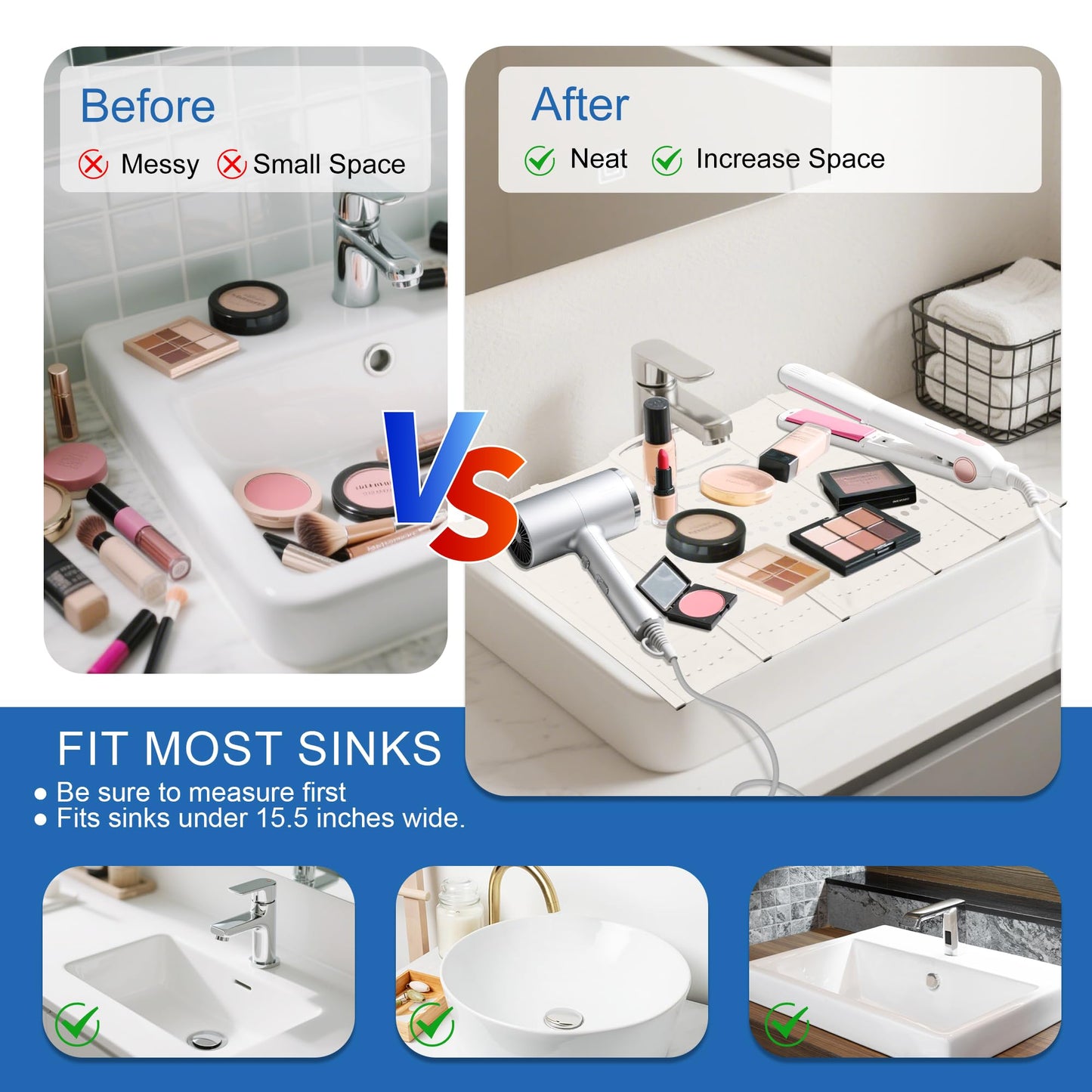 Mofason Bathroom Sink Top Cover Space Saver,Silicone Makeup Organizer Mat for Over Countertop,Small Bathroom Must Haves Accessories Rv Camper Travel Foldable Gadgets-Grey