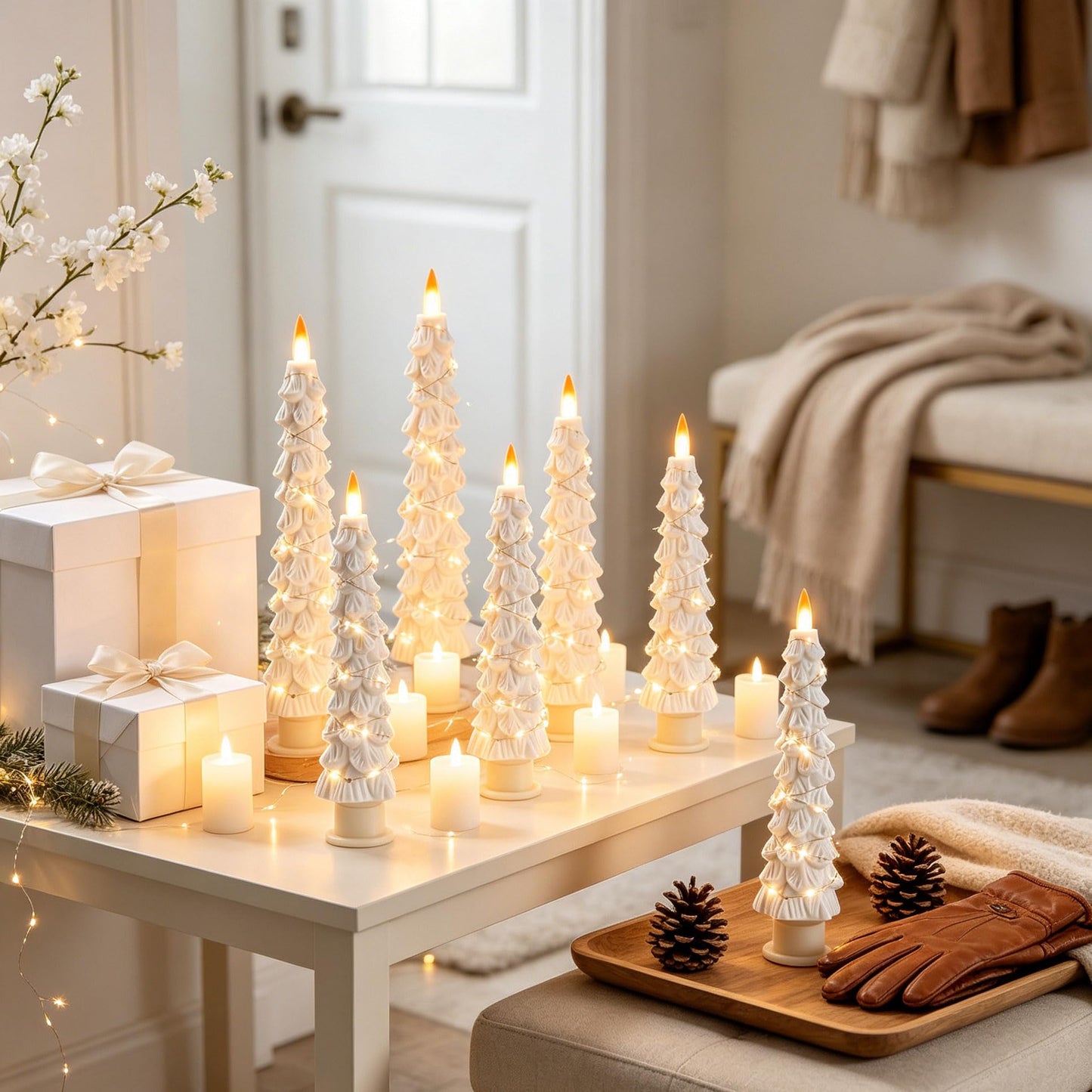 2 Pack White Christmas Tree LED Taper Candles, Flameless Flickering Candles with Copper String Lights, Upgraded Realistic Flame Effect, Battery Operated with Remote for Christmas Home Decoration