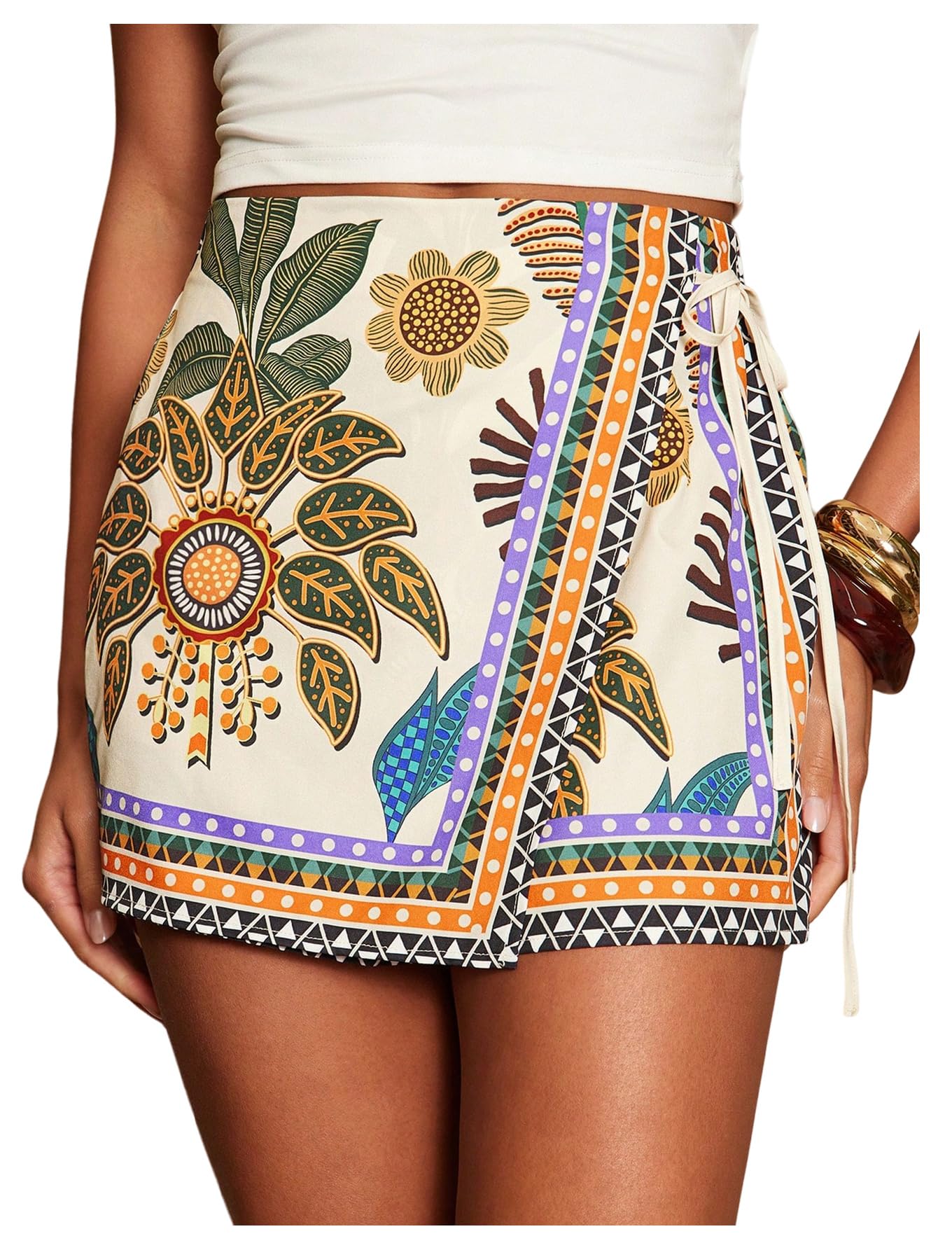 Sweatyrocks Women's Boho Mini Skirts Floral Shorts Tie Side Wrap Elastic Waist Summer Skorts Beach Vacation Outfits