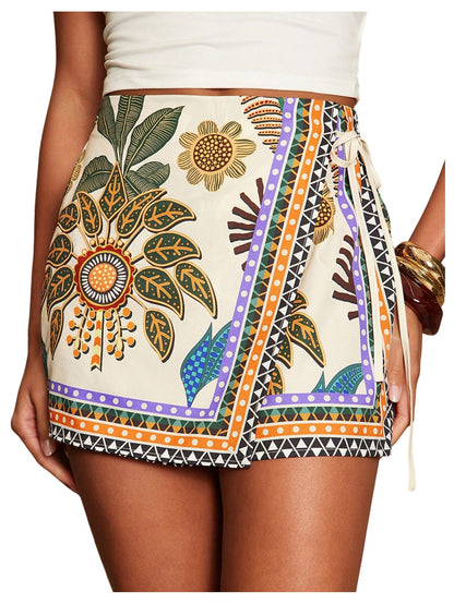 Sweatyrocks Women's Boho Mini Skirts Floral Shorts Tie Side Wrap Elastic Waist Summer Skorts Beach Vacation Outfits