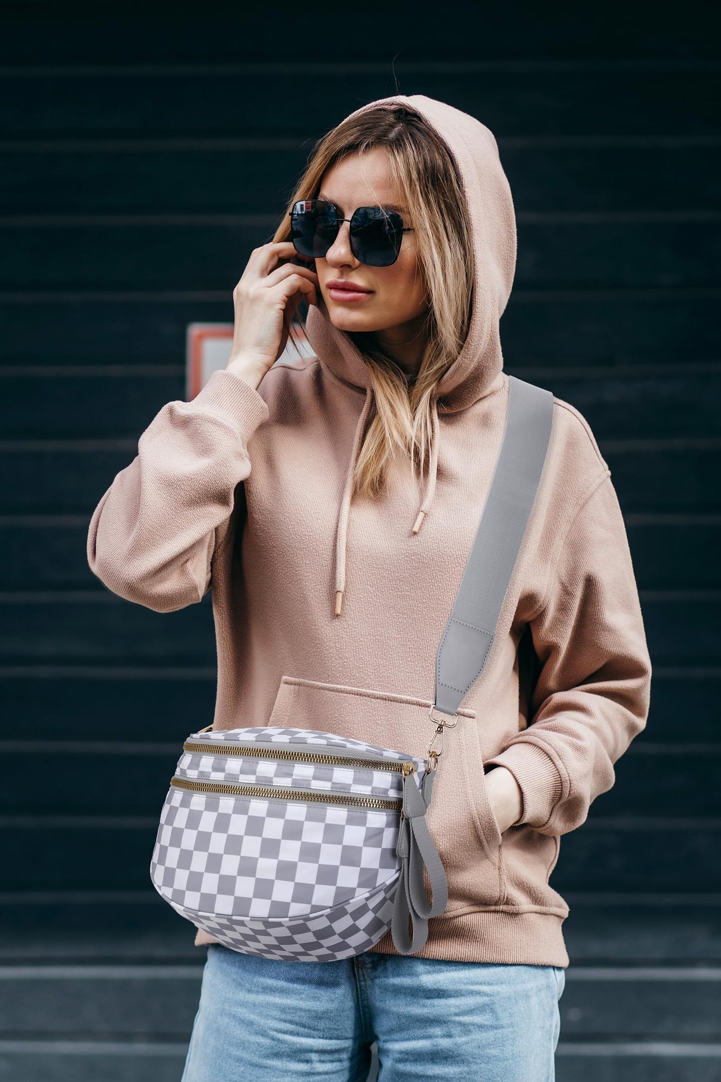 Pure Colour Crossbody Bum Bags for Women Spacious Checkered Cross body Bag Nylon Trendy Fanny Pack for Travel