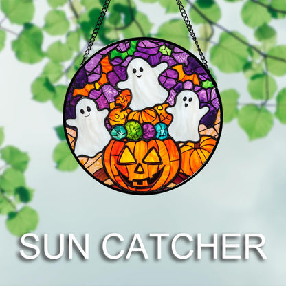 Stained Glass Window Hanging, Halloween Decorations Evil Pumpkin Suncatcher for Doors Garden Indoor Spooky Funny Orange Sun Catchers Gothic Decor Horror Gifts for Women Men Friend 15 in