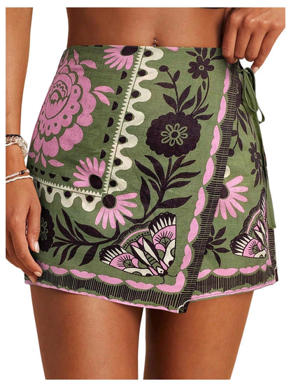 Sweatyrocks Women's Boho Mini Skirts Floral Shorts Tie Side Wrap Elastic Waist Summer Skorts Beach Vacation Outfits