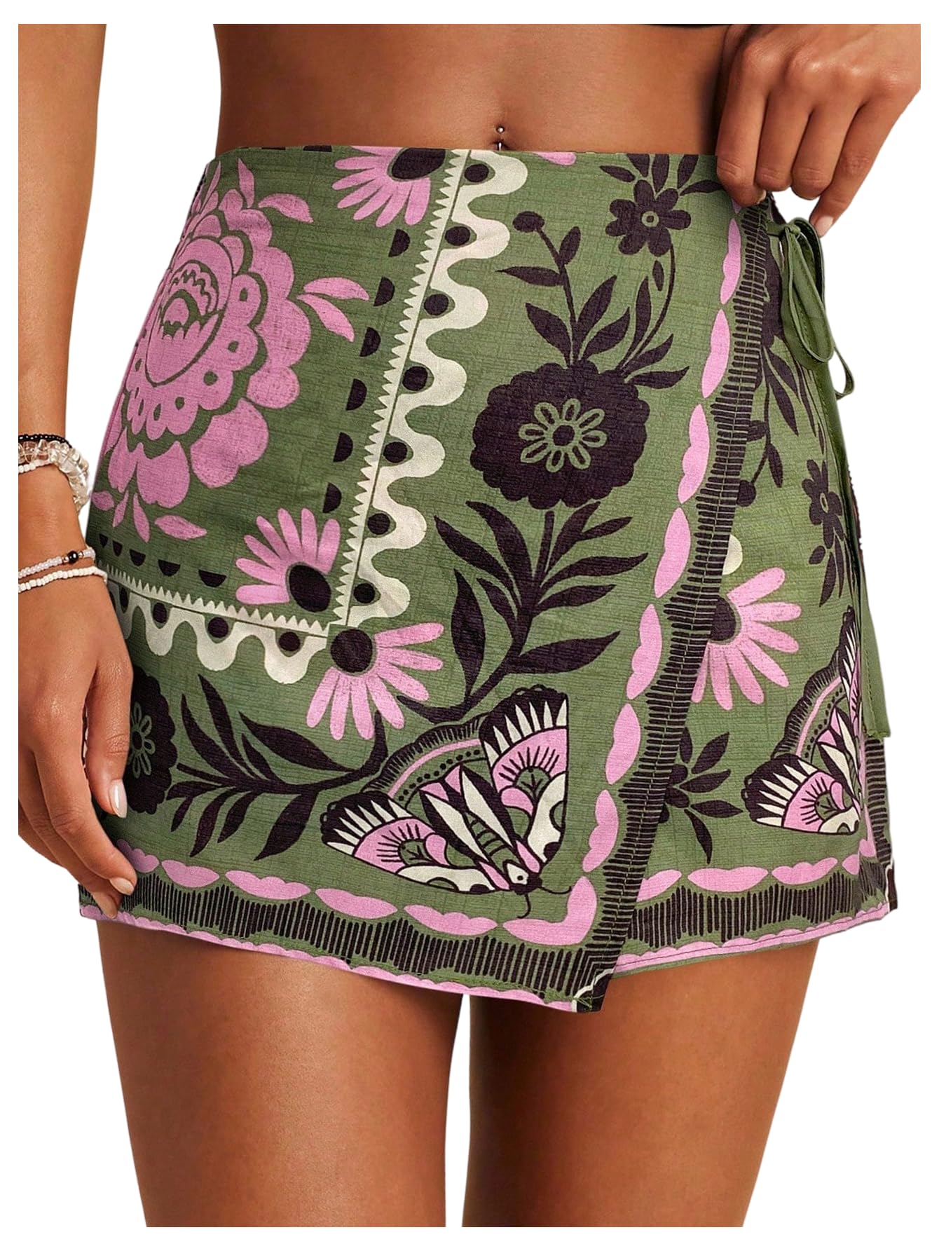 Sweatyrocks Women's Boho Mini Skirts Floral Shorts Tie Side Wrap Elastic Waist Summer Skorts Beach Vacation Outfits