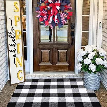 Christmas Door Mat Outdoor 35.4''x59'' Buffalo Plaid Christmas Decor Rug Cotton Hand-Woven Layered Door Mats Washable Carpet for Front Porch, Kitchen, Farmhouse, Entryway