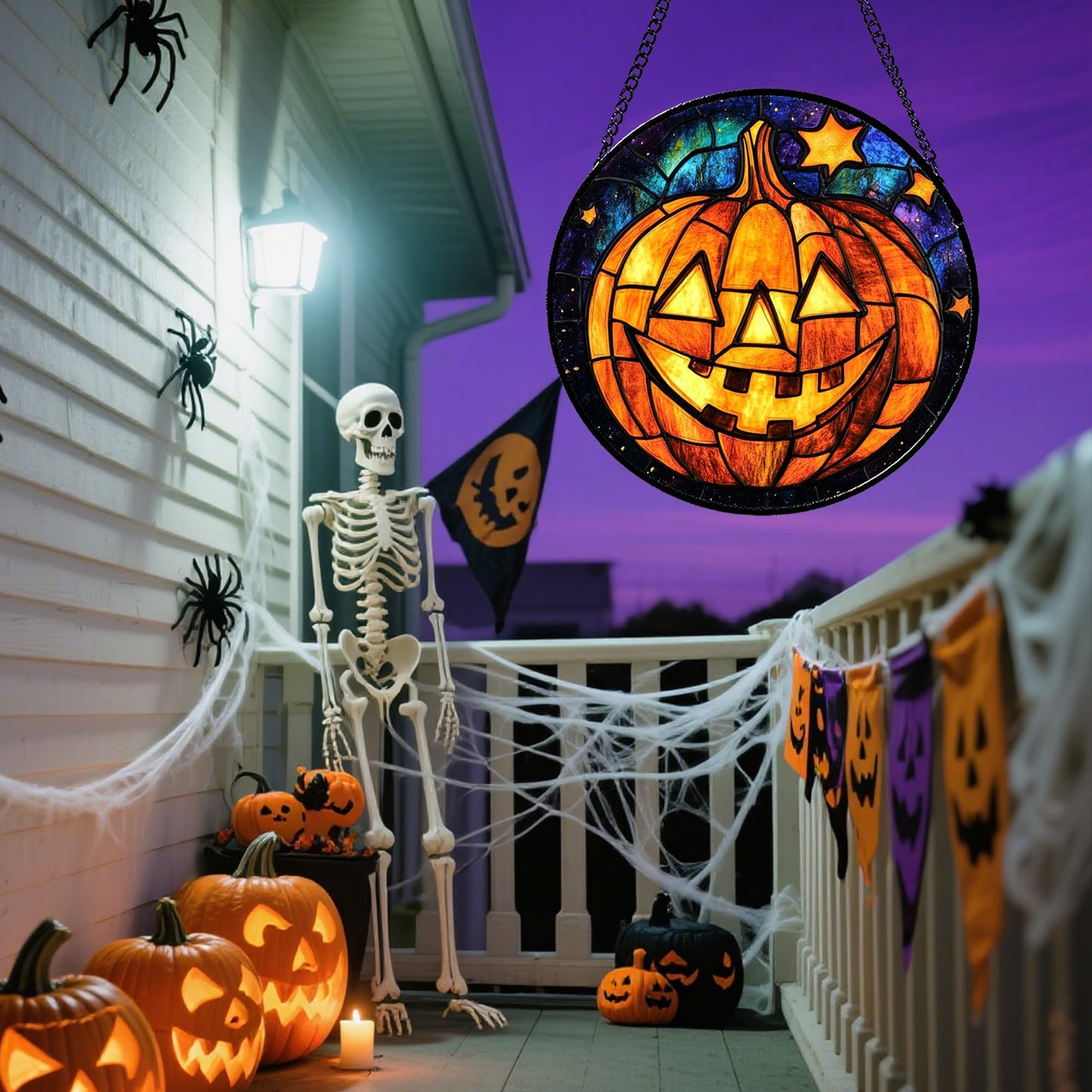 Stained Glass Window Hanging, Halloween Decorations Evil Pumpkin Suncatcher for Doors Garden Indoor Spooky Funny Orange Sun Catchers Gothic Decor Horror Gifts for Women Men Friend 15 in