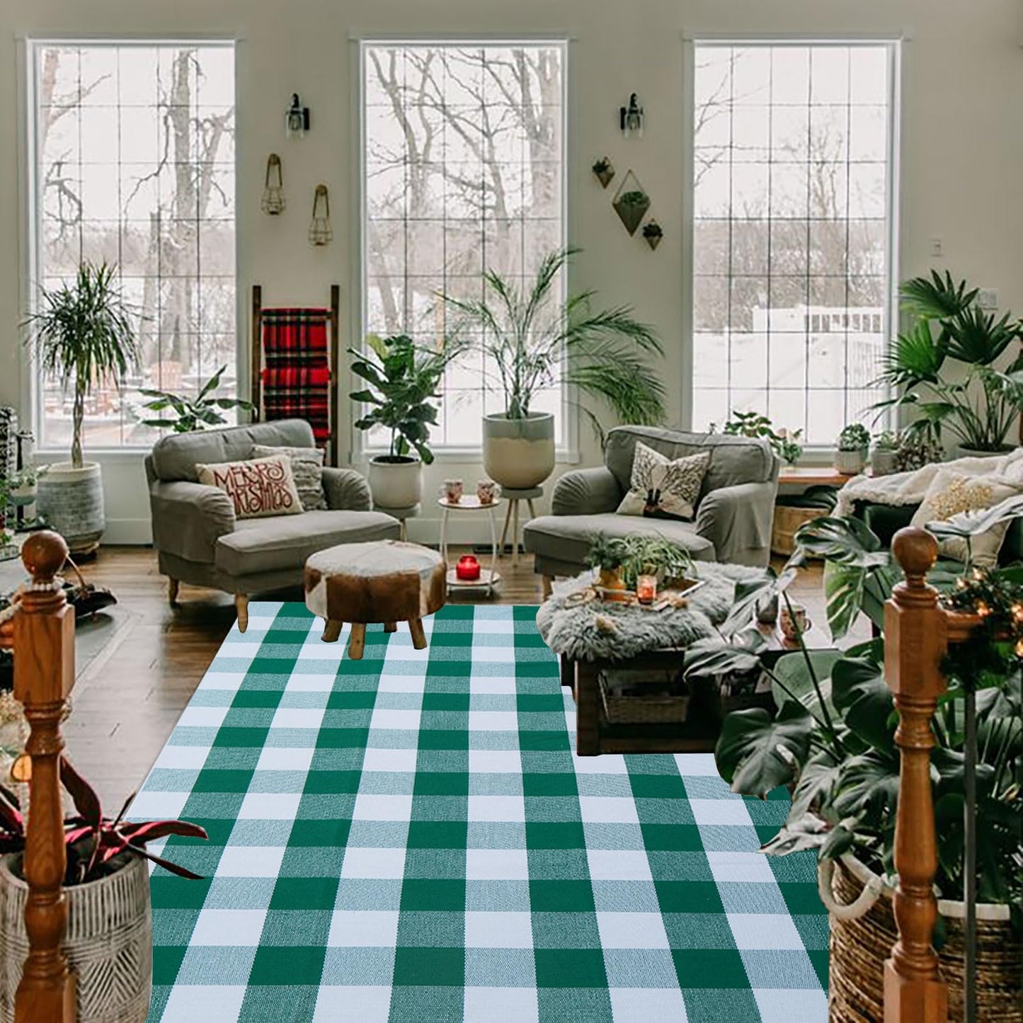 Christmas Door Mat Outdoor 35.4''x59'' Buffalo Plaid Christmas Decor Rug Cotton Hand-Woven Layered Door Mats Washable Carpet for Front Porch, Kitchen, Farmhouse, Entryway