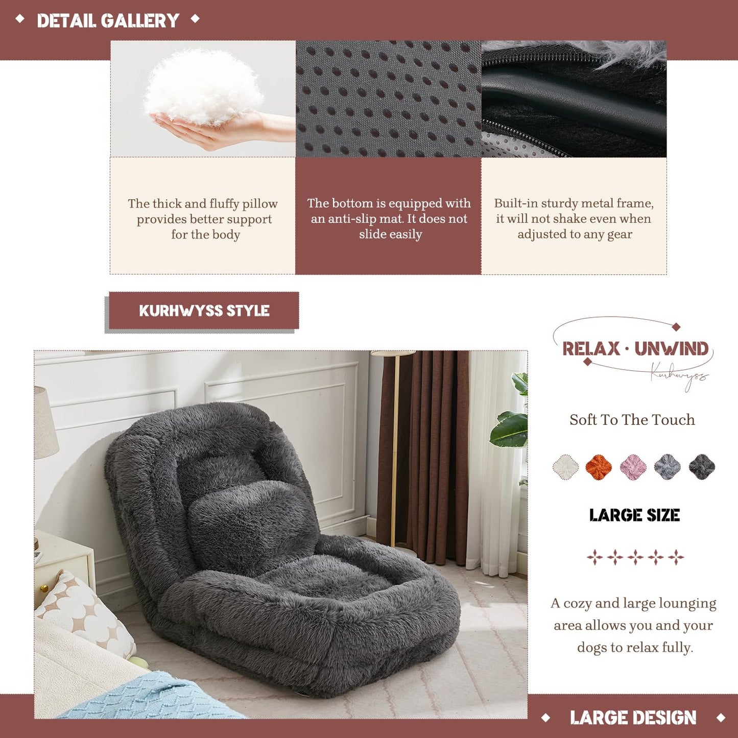Upholstered Convertible Lounge Chair with 2 Soft Pillows