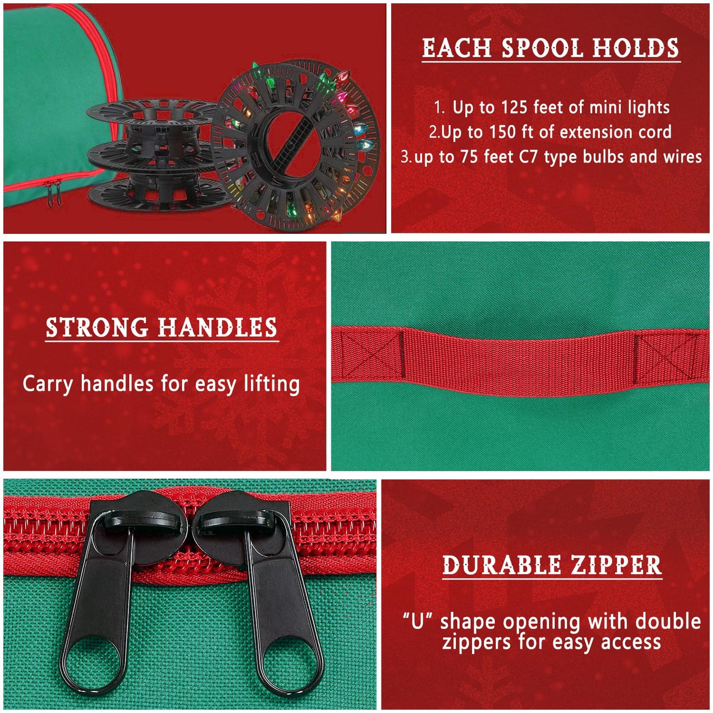HOLDN’ STORAGE Premium Christmas Light Storage Bag – Heavy Duty Tear Proof 600D/Inside PVC Material with Reinforced Handles - 3 Reels Stores up to 375 Ft of Mini Tree Lights & Extension Cords Red