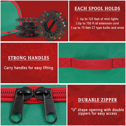 HOLDN’ STORAGE Premium Christmas Light Storage Bag – Heavy Duty Tear Proof 600D/Inside PVC Material with Reinforced Handles - 3 Reels Stores up to 375 Ft of Mini Tree Lights & Extension Cords Red
