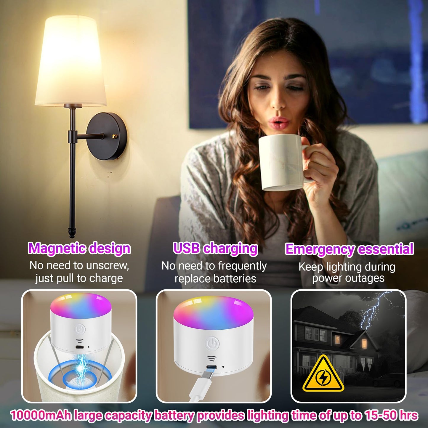 YHCDLAMP Battery Operated Wall Sconce Light with Remote Control, Dimmable Wall Sconce Set of 2 with White Fabric Shade, Wireless Battery Operated Wall Lamp for Bedroom Living Room, Bulb Included