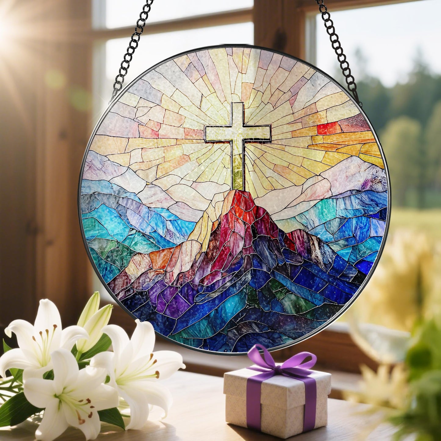 8-Inch Jesus with Cardinals Suncatcher Ornament, Stained Glass Window Hanging & Religious Christmas Ornament, Christian Window Decor — Memorial Gift, Christian Gifts for Her, Religious Gifts