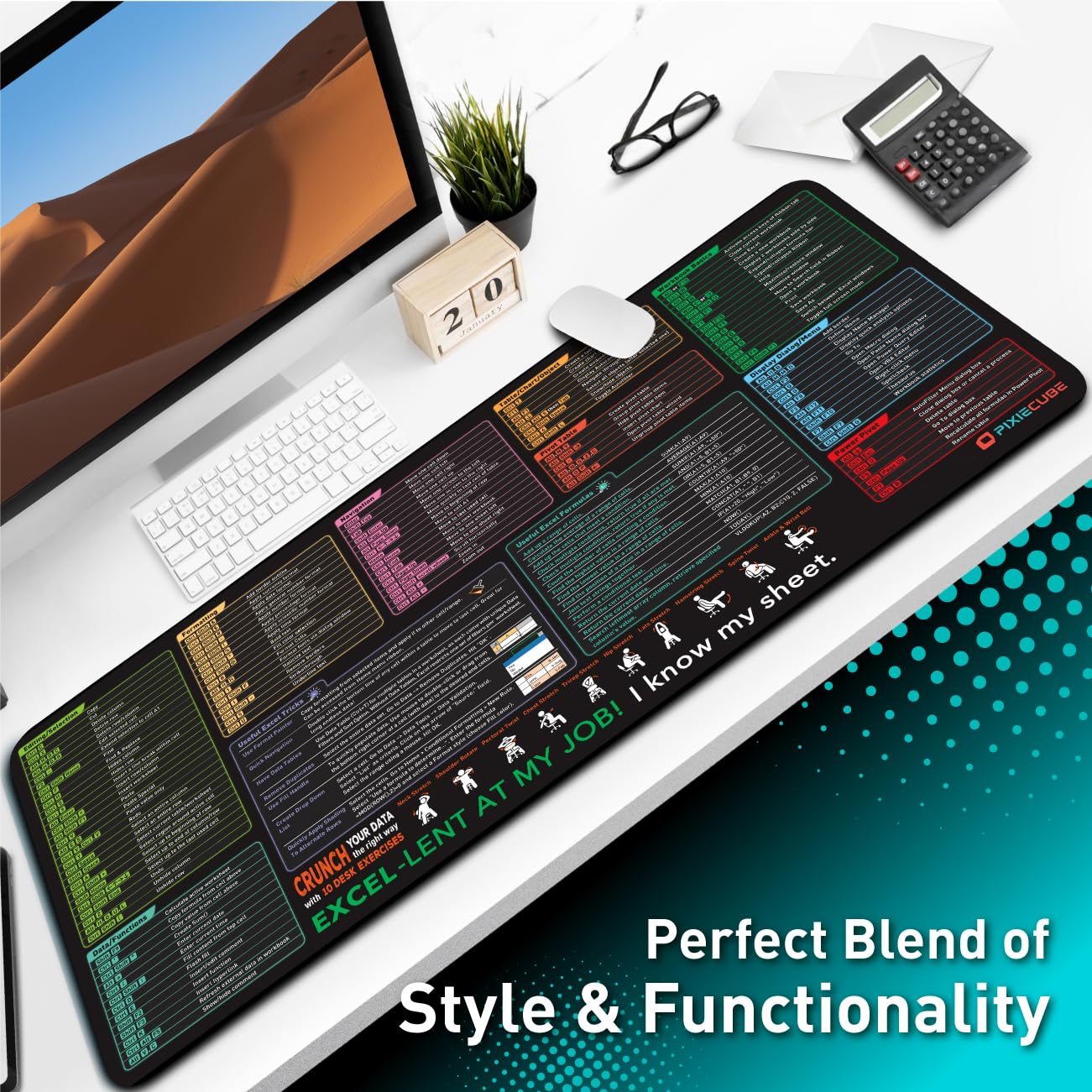 Pixiecube Excel Cheat Sheet Desk Pad | Excel Shortcut Keys Mouse Pad | Extended Large XL Gaming Mousepad | PC Office Spreadsheet Keyboard Mat | Non-Slip Stitched Edge