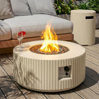 31.5 Inch Round Propane Fire Pit Table - Concrete Round Fire Bowl 50,000 BTU Natural Gas Firepit Burner with Steel Lid, Lava Rocks, Waterproof Cover for Outside Patio, Backyard, Party