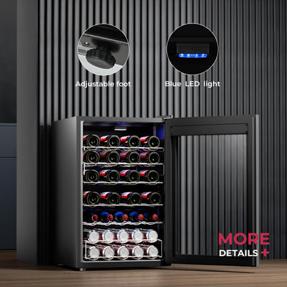 Icyglee 25 Bottle Compressor Wine Cooler Refrigerator, Freestanding Wine Cellar with 41-64°F Adjust Temp & Double-layer Glass Door for Red and White, Wine Cooler for Home Bar, Black