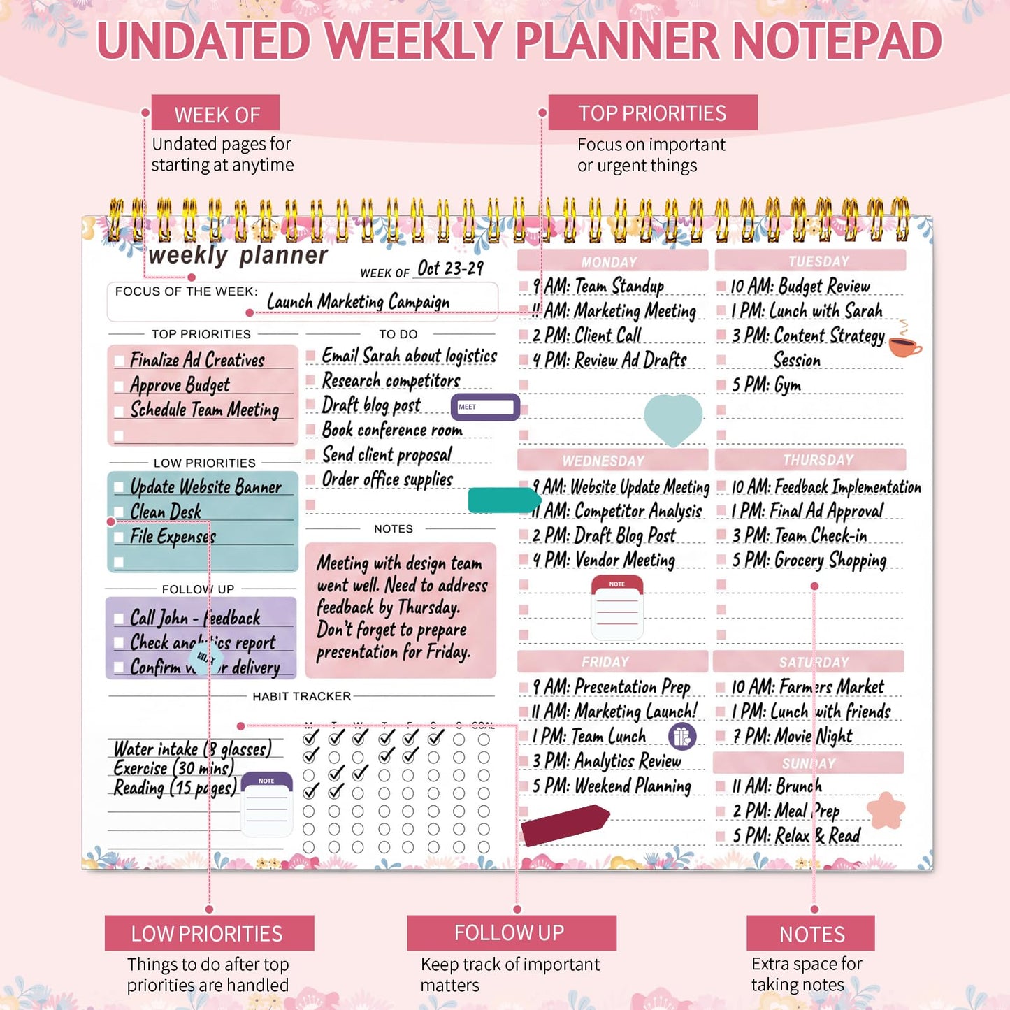 Thboxes Weekly Desk Planner, 8.5x11 In To Do List Notepad, 52 Sheets, Pink | Productivity Organizer, Work from Home Essentials, Undated Tear Off Pages, Office, College, School, Student and Teacher Gifts