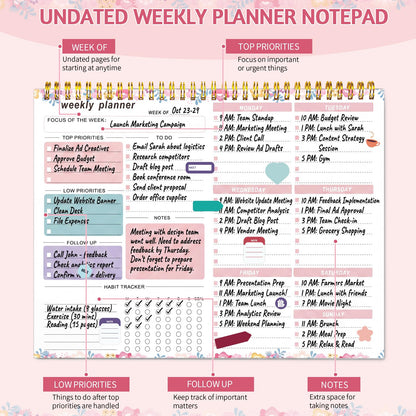 Thboxes Weekly Desk Planner, 8.5x11 In To Do List Notepad, 52 Sheets, Pink | Productivity Organizer, Work from Home Essentials, Undated Tear Off Pages, Office, College, School, Student and Teacher Gifts