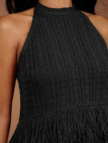SweatyRocks Women's Boho Fringe Halter Tops Sleeveless Open Back Summer Knit Crochet Tank Top