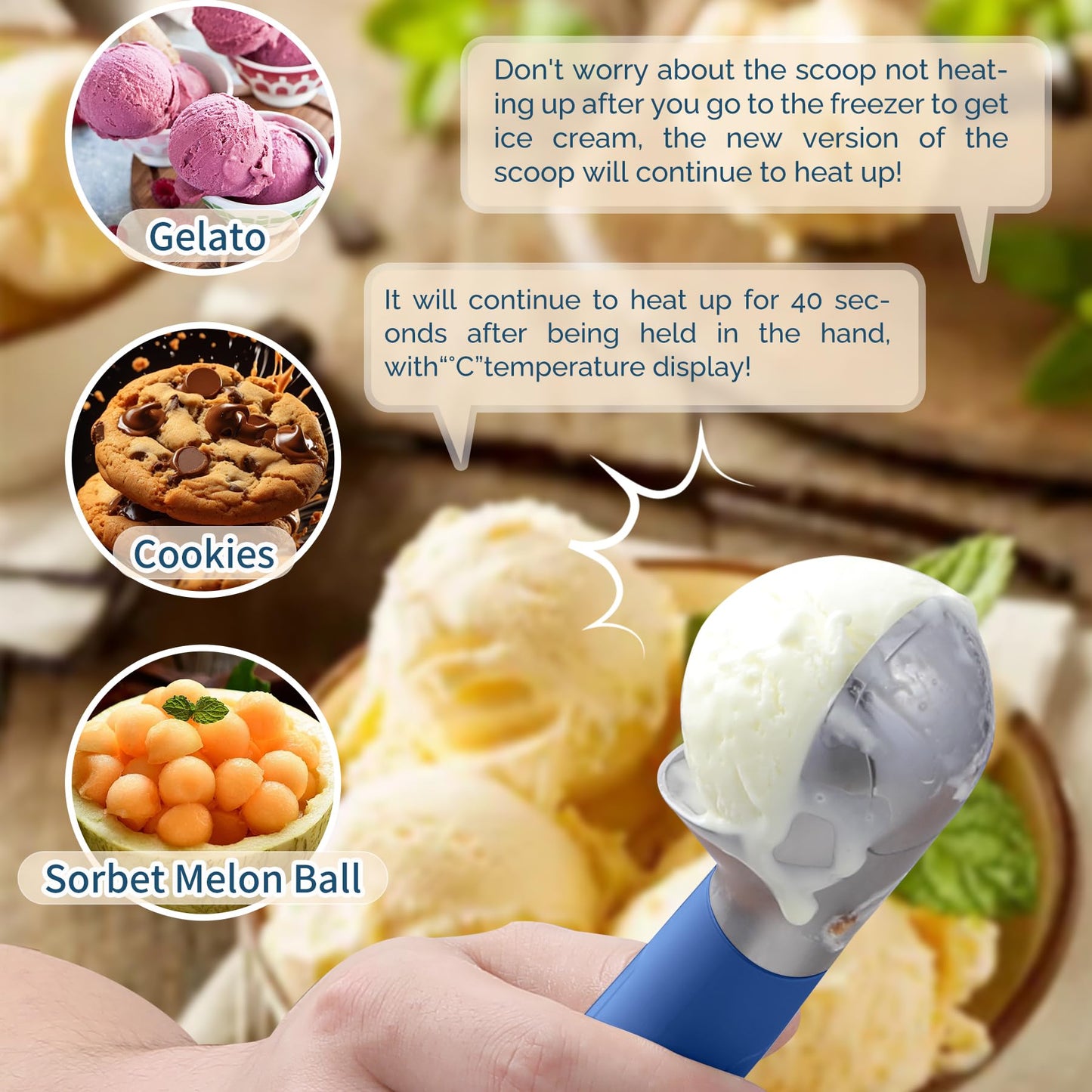 Heated Ice Cream Scoop Rechargeable, Electric Warming Ice Cream Scooper with LED Display, Heats to 158°F for Hard Ice Cream, Easy for Seniors & Kids, IP67 Waterproof (White, 2 oz)