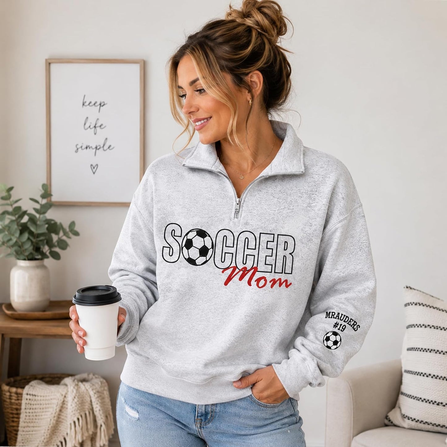 NAZENTI Personalized Sports Mom Quarter Zip Sweatshirt, Football Volleyball Soccer Mom Pullover, Gifts For Mama Grandma