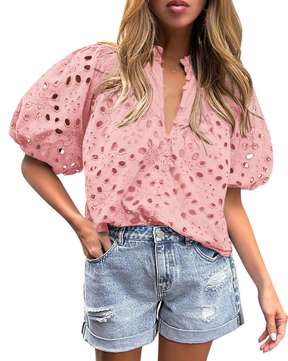 PRETTYGARDEN Womens Tops Boho Eyelet Puff Sleeve Blouse