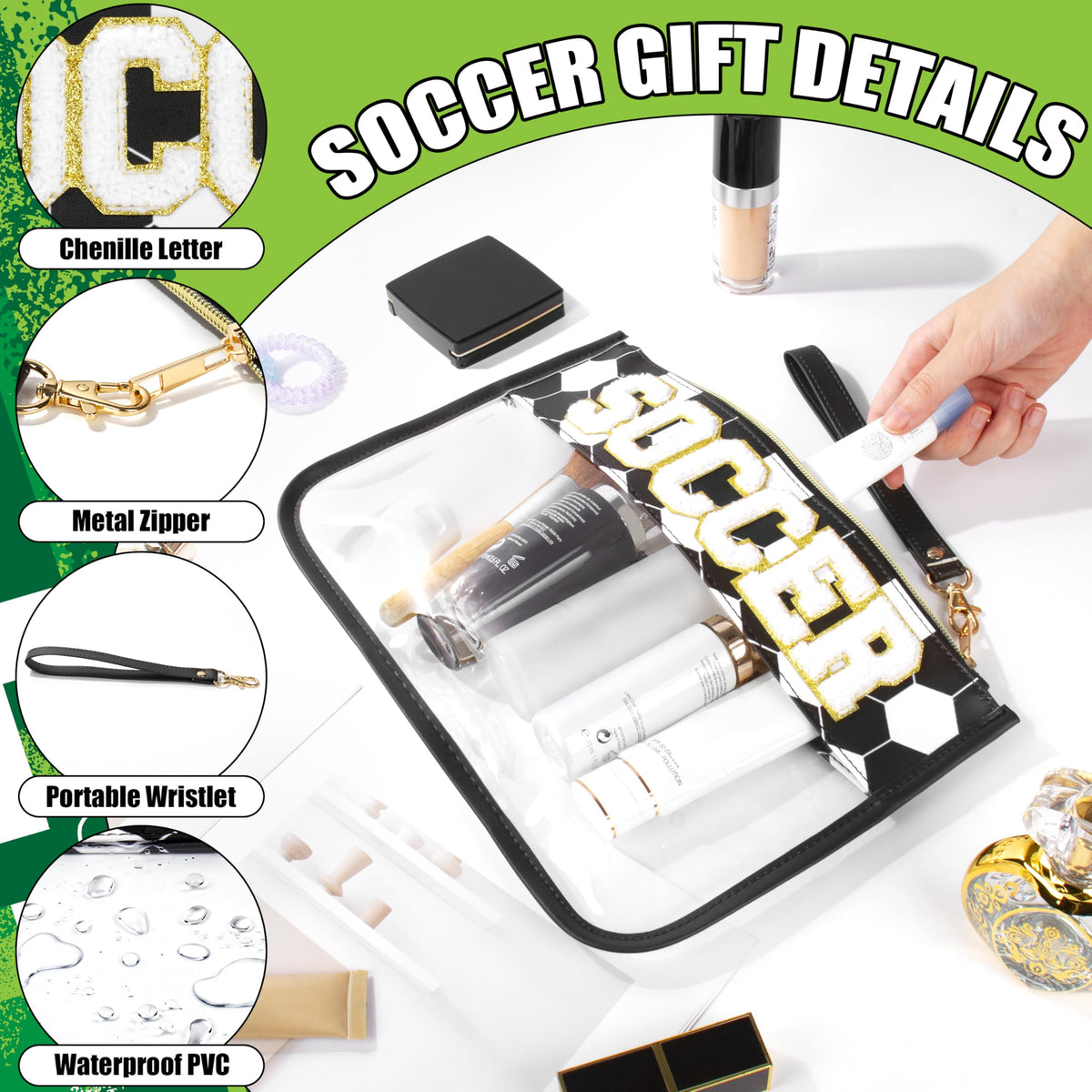 BuyCard Soccer Gift Makeup Bag with Chenille Letter Patch, Clear Cosmetic Pouch PVC Organizer Purse, Waterproof Travel Bag, Portable Toiletry Storage Bag for Her Friends