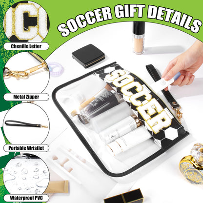BuyCard Soccer Gift Makeup Bag with Chenille Letter Patch, Clear Cosmetic Pouch PVC Organizer Purse, Waterproof Travel Bag, Portable Toiletry Storage Bag for Her Friends