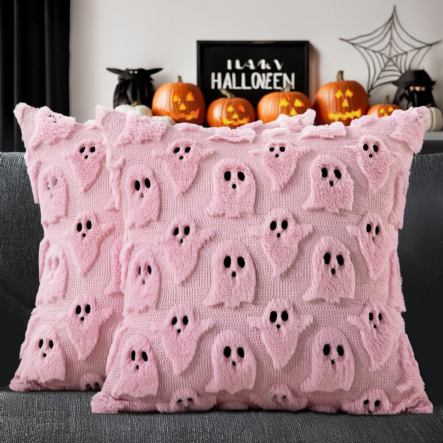 MIULEE Cute Ghost Halloween Pillow Covers 20x20 Inch Set of 2 White | Soft Plush Faux Fur Throw Pillows Spooky Fall Decorative Cushion Covers for Couch Sofa Bed Porch Living Room